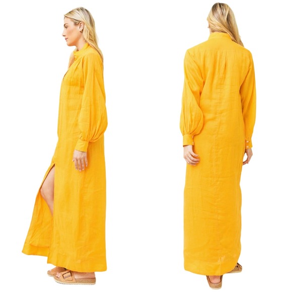 Frame Pleated Long-Sleeve Kaftan Maxi Dress in Yellow Orange Womens Small - Picture 2 of 11